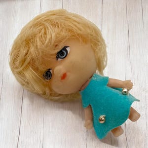 Vintage 1960s Little Kiddles Clone Rubber Doll Turquoise Dress Gold Bead 2.25&quot;