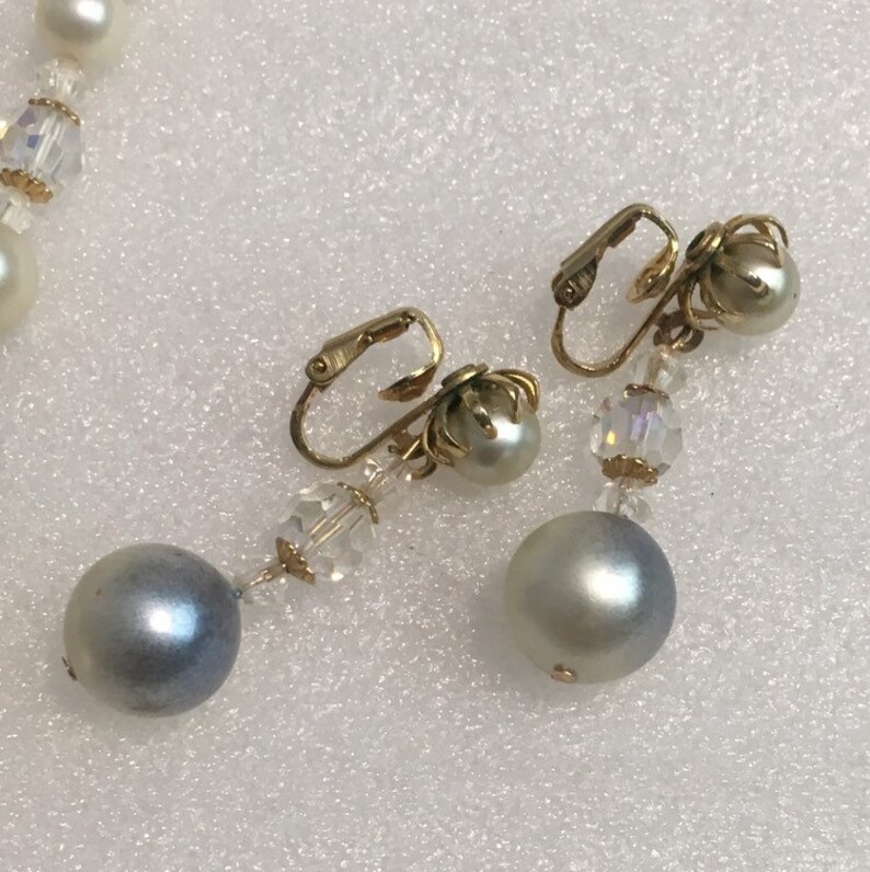 Vintage Tammey Jewels Necklace and Earrings Set Faux Pearl Aurora Borealis Beads