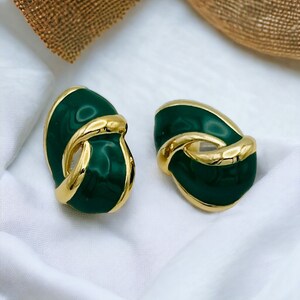 Vintage Monet Green Enamel Earrings Gold Tone Metal Designer Signed
