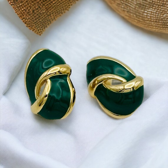 Vintage Monet Green Enamel Earrings Gold Tone Met… - image 1