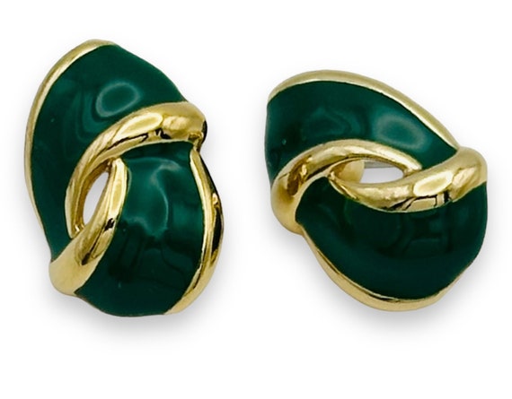 Vintage Monet Green Enamel Earrings Gold Tone Met… - image 2
