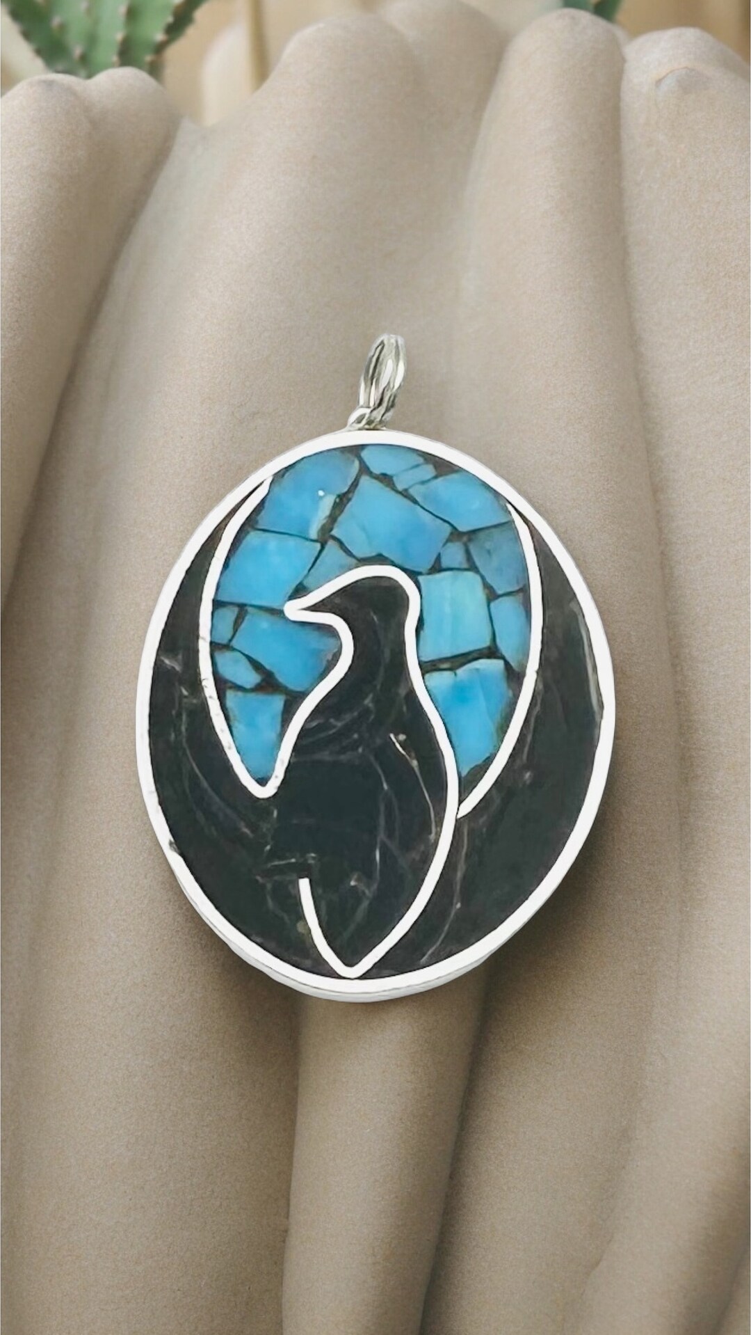 Vintage Native American Mosaic Inlay Crow Raven Bird Necklace Pendant ...