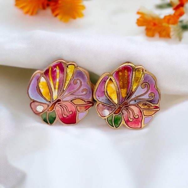 Vintage David Kuo Champleve Cloisonne Enamel Butterfly Flower Clip On Earrings