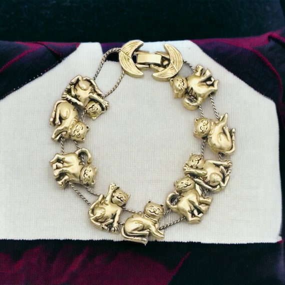 Vintage Cat Slide Charm Bracelet Gold Tone Metal … - image 2