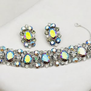 Vintage JULIANA D&E Iridescent AB Rhinestone Heliotropes Bracelet Clip On Earrings Set Demi Parure