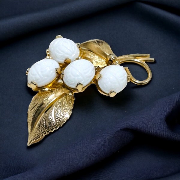 Vintage Egyptian Revival White Scarab Beetle Brooch Pin Gold Plated Leaf Design