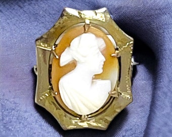 Antique Victorian Rolled Yellow Gold Carved Shell Cameo Small Brooch Pin