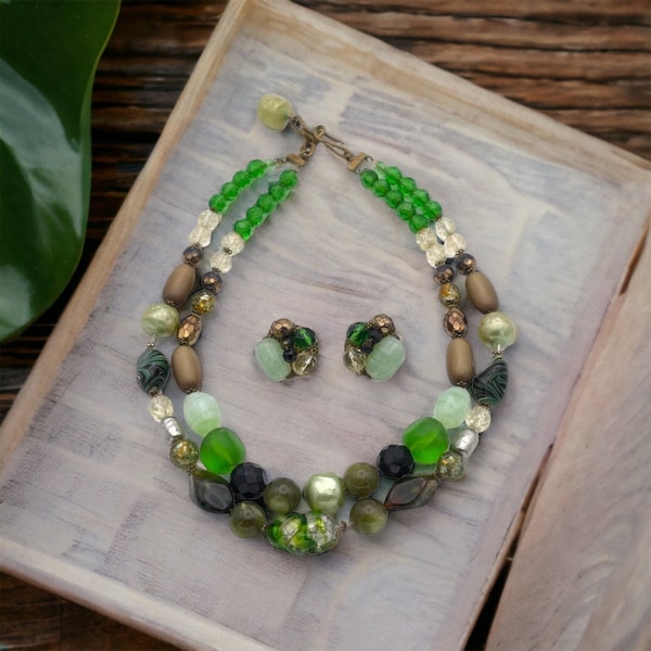 Vintage Venetian Murano Uranium Glass Bead Double Strand Necklace & Earrings Set Italy Demi Parure