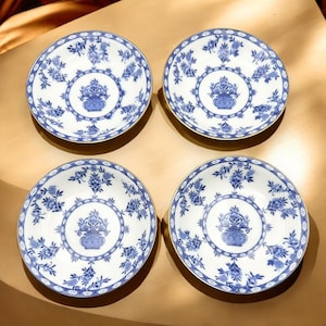 Antique Royal Doulton Blue Delft Dessert Bowls Set of 4 • Floral Transferware • Gold Trim • Edwardian Porcelain 1902–1922