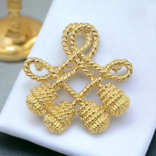 Vintage Anne Klein Rope Tassel Brooch Pin, Designer Signed, Gold-Tone Metal Jewelry