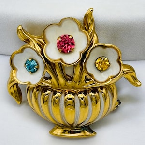 Vintage Coro Brooch Pin Flowers in Ribbed Vase Pot Gold Tone Rhinestones