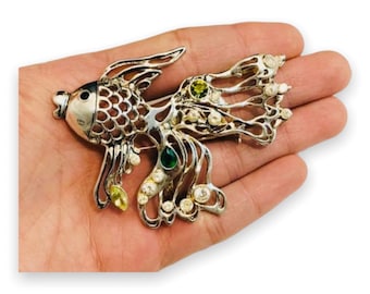 Vintage Large 3" Goldfish Fish Brooch Pin Necklace Pendant Rhinestones Silverplated