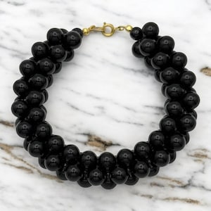 Vintage Crown Trifari Black Plastic Bead Bracelet Designer Retro Jewelry 8&quot; Long