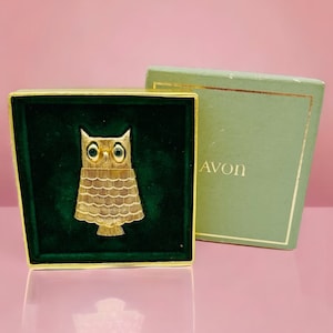 Vintage Avon Green Rhinestone Eye Owl Brooch Pin Perume Holder Locket with Box Gold Tone Metal