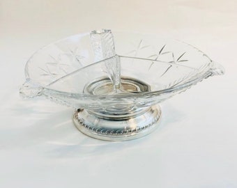 Vintage Sterling Silver Base Cut Crystal Glass Divided Dish Sheffield Silver Co USA