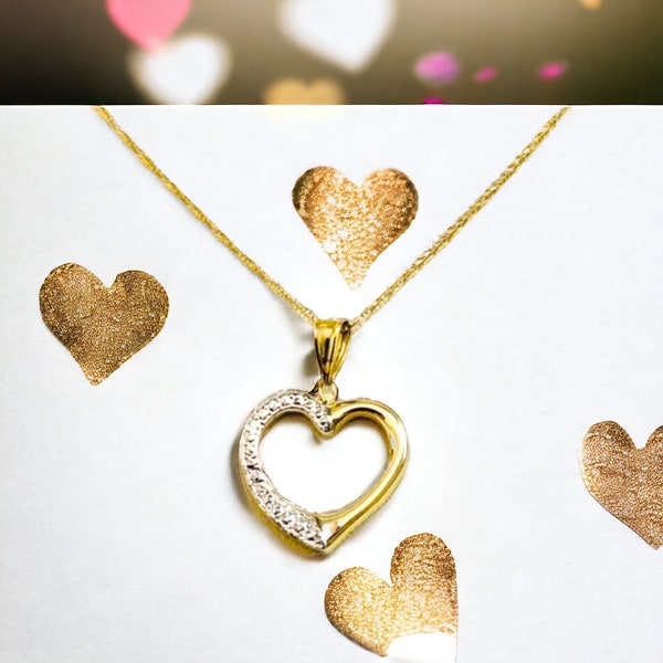 Vintage 10K Open Heart Pendant Necklace Two Tone Yellow White Gold