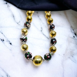 Vintage Cloisonne & Brass Bead Necklace Black Floral Enamel Asian Jewelry