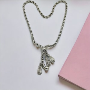 Vintage Silver Tone Slide Tassel Lariat Necklace Unsigned 26&quot; long Retro Costume Jewelry