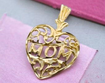 Vintage Michael Anthony 14K Yellow Gold Mom Heart Necklace Pendant Scroll Design Diamond Cut Mothers Day Jewelry