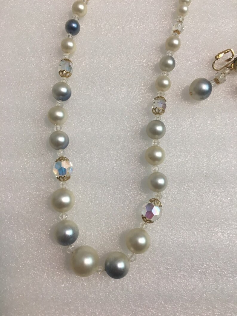 Vintage Tammey Jewels Necklace and Earrings Set Faux Pearl Aurora Borealis Beads