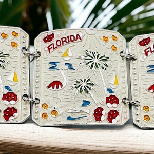 Vintage Florida Panel Bracelet Painted Enamel Aluminum Statement Japan 9&quot; long Retro Jewelry