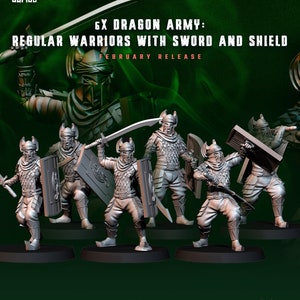Puede incluir: Seis figuras en miniatura de plástico gris de guerreros con espadas y escudos. Las figuras están en varias posturas de combate. El texto "6X DRAGON ARMY: REGULAR WARRIORS WITH SWORD AND SHIELD FEBRUARY RELEASE" está en la parte superior de la imagen.