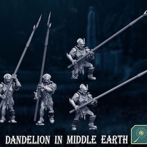 May include: Four gray plastic miniatures of orcs holding spears. The orcs are wearing armor and helmets. The spears are long and pointed. The miniatures are set against a dark blue background.