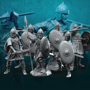 May include: A group of gray miniature warrior figures, each with helmets, shields, and weapons. Some figures hold spears, while others wield swords. The figures are posed in a battle-ready stance, with a larger figure in the background.