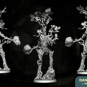 May include: A silver-colored fantasy figurine of a tree-like humanoid figure, holding a rock in each hand. The figure has a detailed, textured design with branches, leaves, and a rough bark appearance. The base is a circular platform.