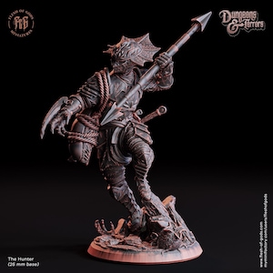 May include: A detailed miniature figure of "The Hunter" from "Dungeons & Terrors." The figure is posed dynamically, holding a spear with a double-edged blade. It features intricate armor and a detailed base. The base is 25 mm.
