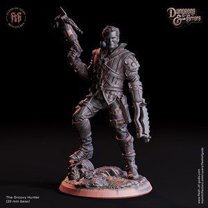 May include: A gray 3D printed miniature of a human figure holding a crossbow. The figure is wearing a leather jacket and pants with a belt and pouches. The figure is standing on a round base with a skull and bones. The miniature is titled "The Groovy Hunter (25 mm base)".
