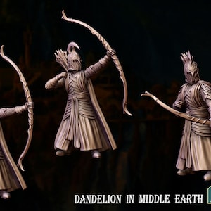 Puede incluir: Tres figuras de arqueros de color bronce con armaduras detalladas, cada uno sosteniendo un arco y una flecha. Las figuras están en acción, una de ellas tensando la cuerda del arco. El texto "DANDELION IN MIDDLE EARTH" está en la parte inferior.