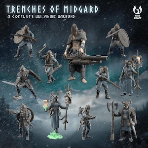 May include: A collection of miniature Viking warriors in various poses, armed with weapons and shields. The figures are in shades of gray and blue, with intricate details. The text "TRENCHES OF MIDGARD" and "A COMPLETE WWI VIKING WARBAND" is displayed at the top.