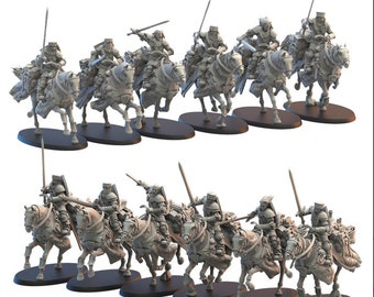May include: A set of 12 gray plastic miniature figures of knights on horseback. The knights are wearing armor and holding swords. The horses are in a running pose.