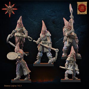 May include: Five miniature figures of Daemon Legions Vol. 3, each with a distinctive hooded mask and armed with various weapons. The figures are in shades of brown, gray, and blue, standing on square bases. The image has a dark, fantasy theme.