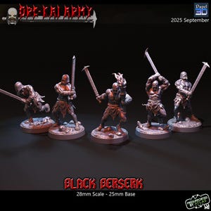 May include: A collection of five miniature figures of muscular warriors in battle poses, each holding a sword. The figures are on circular bases and are in a dark, metallic color. The text "BLACK BERSERK" is displayed below the figures.