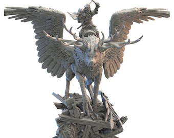 May include: A gray painted miniature figurine of a warrior riding a winged, deer-like creature. The creature has large antlers and is standing on a base of broken stone.