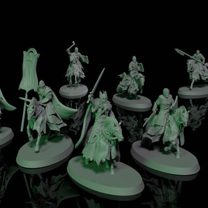 May include: A set of ten miniature figures of knights on horseback, painted in a muted green colour. The knights are wearing armour and carrying weapons, and they are posed in a variety of dynamic stances. The figures are set against a black background.