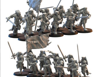 May include: A set of 20 unpainted miniature figures of medieval knights, each holding a sword and shield. The figures are posed in a marching formation, with some carrying flags. The figures are made of a gray plastic material.