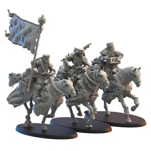 May include: Three gray painted miniature figures of knights on horseback, one holding a flag with a fleur-de-lis design, another holding a sword, and the third holding a shield.