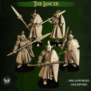 May include: Five miniature figures of warriors, each holding a spear and shield. The figures are made of a light brown plastic and are posed in various fighting stances. The figures are labeled "The Lancer" and are described as "Pre-Supported" and "Multiposes".