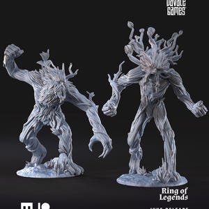 Puede incluir: Dos figuras grises con forma de árbol de la serie "Ring of Legends". Una figura levanta el puño, la otra tiene los brazos extendidos. Las figuras tienen texturas detalladas en forma de corteza y apéndices en forma de ramas. El texto "Ring of Legends" y "June Release" es visible.