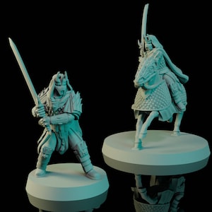 May include: Two detailed miniature figures of warriors, one on horseback, and one standing, both holding swords. The figures are light blue and stand on round bases against a black background. The warrior on horseback is in a battle pose.