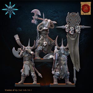 May include: A collection of detailed miniature figures of warriors, featuring horned helmets, axes, and chainmail armor. One figure holds a banner with skull details. The figures are in shades of gray and brown, with the text "Warriors of the Dark Gods Vol. 4".