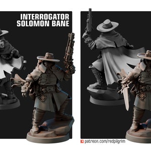May include: A painted miniature figure of a character called "Interrogator Solomon Bane" wearing a long coat, a wide-brimmed hat, and holding a pistol and a sword. The figure is standing on a rocky base.