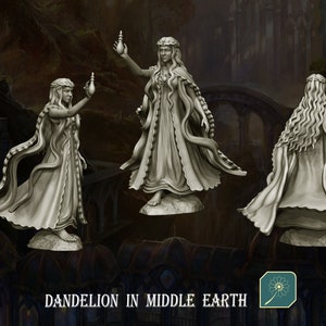 May include: A white, detailed miniature figurine of a woman wearing a flowing gown and holding a vial. The figurine is posed in three different positions, showing the front, side, and back views. The figurine is set against a dark background with a blurred image of a bridge and buildings.