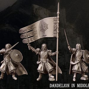 May include: Three silver figurines of warriors, each holding a sword and shield. One figure holds a banner with a tree emblem. The figures are set against a dark background with the text "DANDELION IN MIDDLE EARTH".