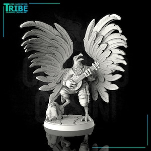 May include: A white 3D printed miniature of a bird-like creature playing a lute. The creature has wings and is standing on a round base.