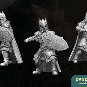 Puede incluir: Tres figuras grises de un guerrero con armadura, sosteniendo una espada y un escudo. Las figuras están en poses dinámicas, con detalles intrincados en la armadura y las armas. El escudo presenta un diseño de árbol. El texto "DANDELION in Middle Earth" está en la parte inferior.