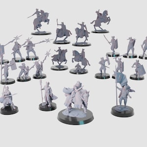 May include: A collection of 20 miniature figures, painted in a light grey colour, depicting warriors and knights on horseback. The figures are posed in various battle stances, holding swords, spears, and shields. Some figures are mounted on horses, while others are standing on their own. The figures are all set on circular bases.
